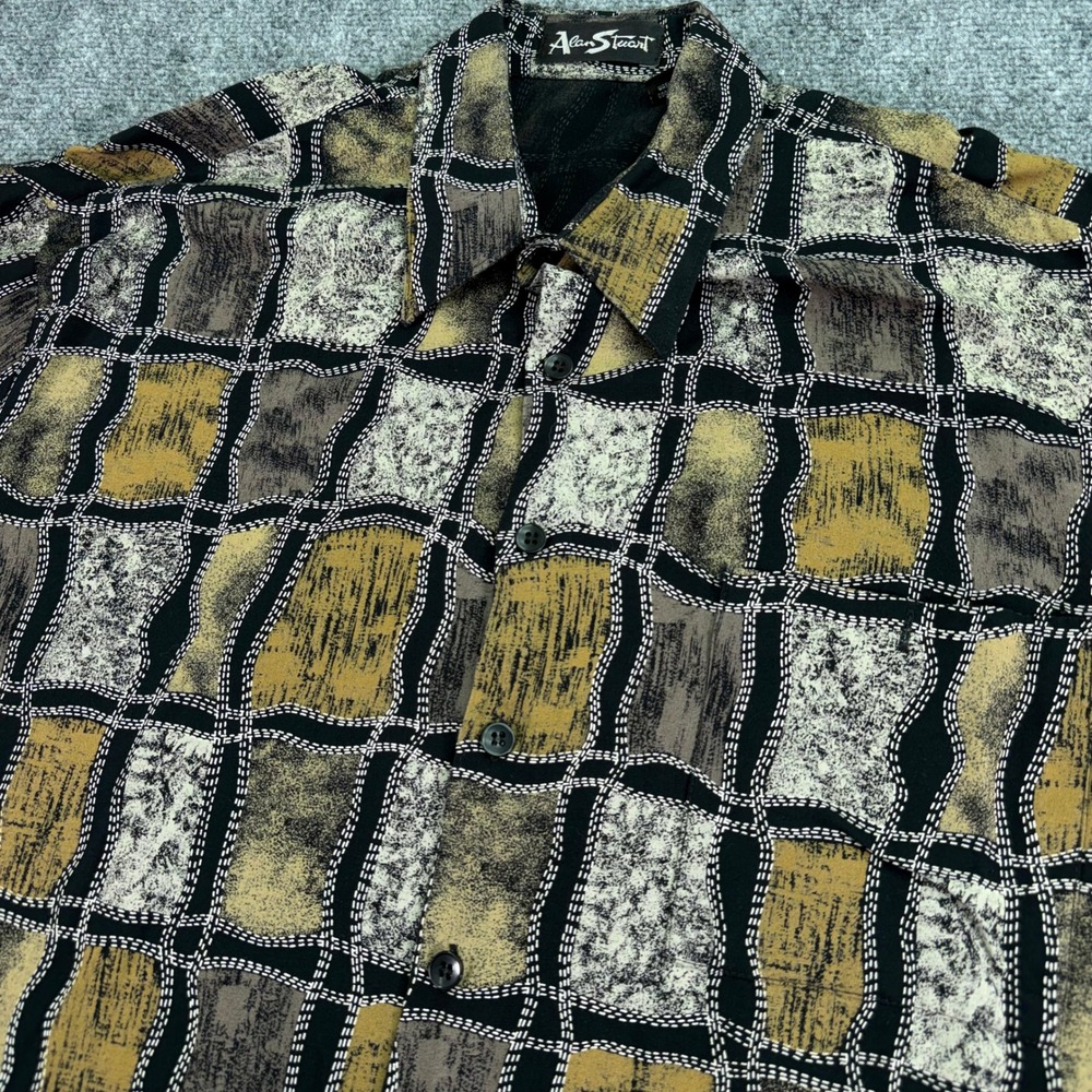 Alan Stuart Shirt Mens XL Black Yellow Grey Abstract Block Geometric Rayon‎ 90s